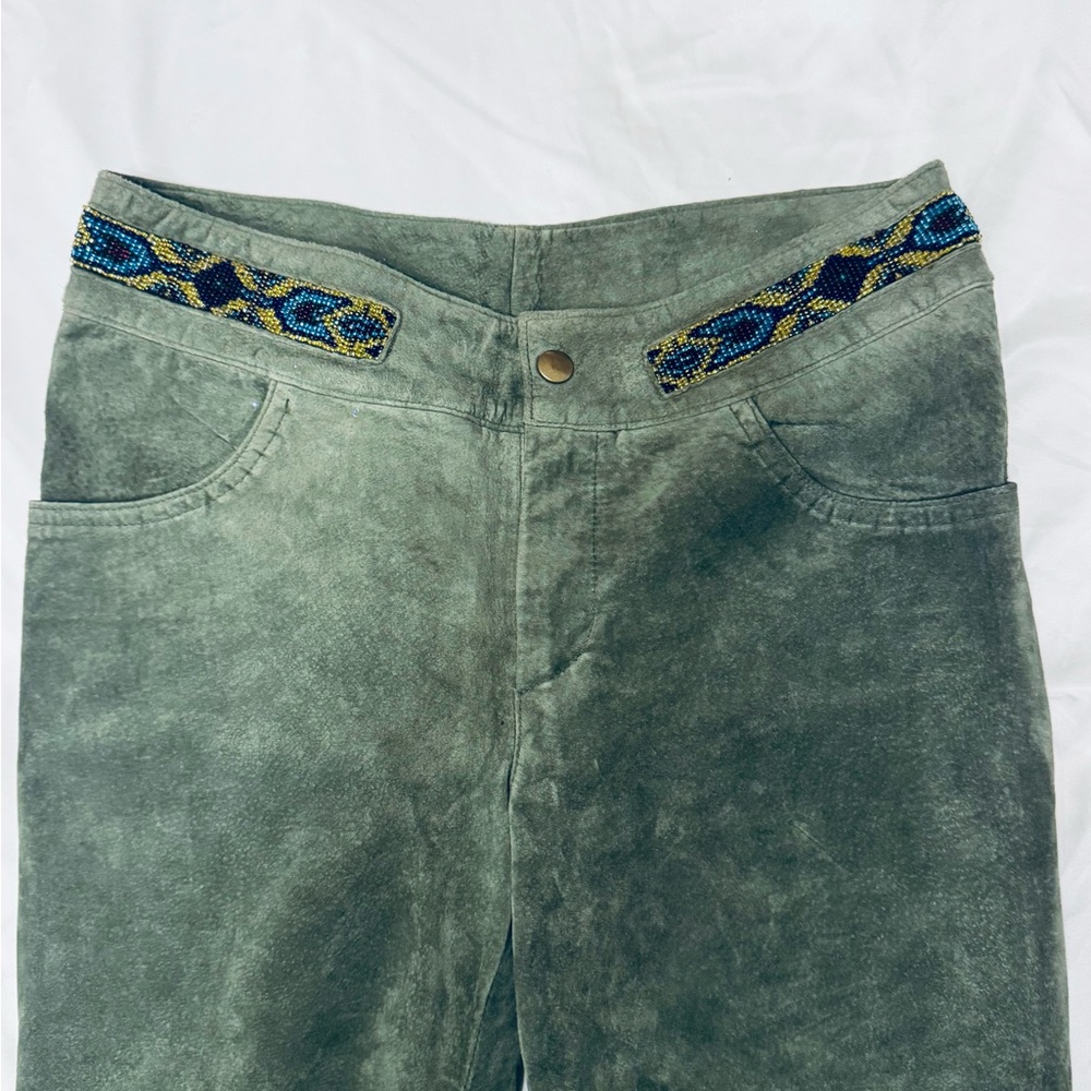 Green Flared Women's Leather Pants - Picture 5 of 7